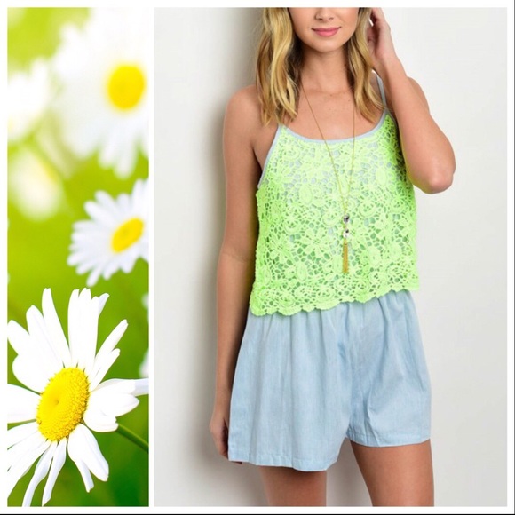 CLEARANCE* Crochet Daisies on Chambray Blue Romper - Picture 3 of 6